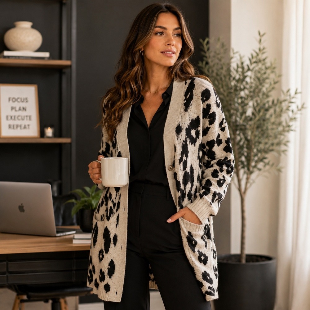 Something Navy Cardigan Cream Black Leopard Print Longline Button Front Boho XXS